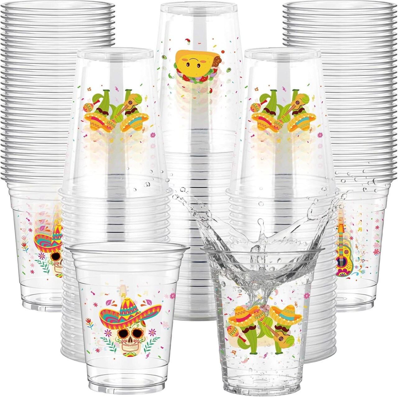 100 PCS Mexican Fiesta Party Cups – 12 oz Cinco de Mayo Disposable Plastic Drinkware – Clear Cups with Taco, Cactus, Sombrero & Guitar Designs – Birthday, Taco Night & Fiesta Party Supplies – Perfect for Mother's Day Card Making Displays